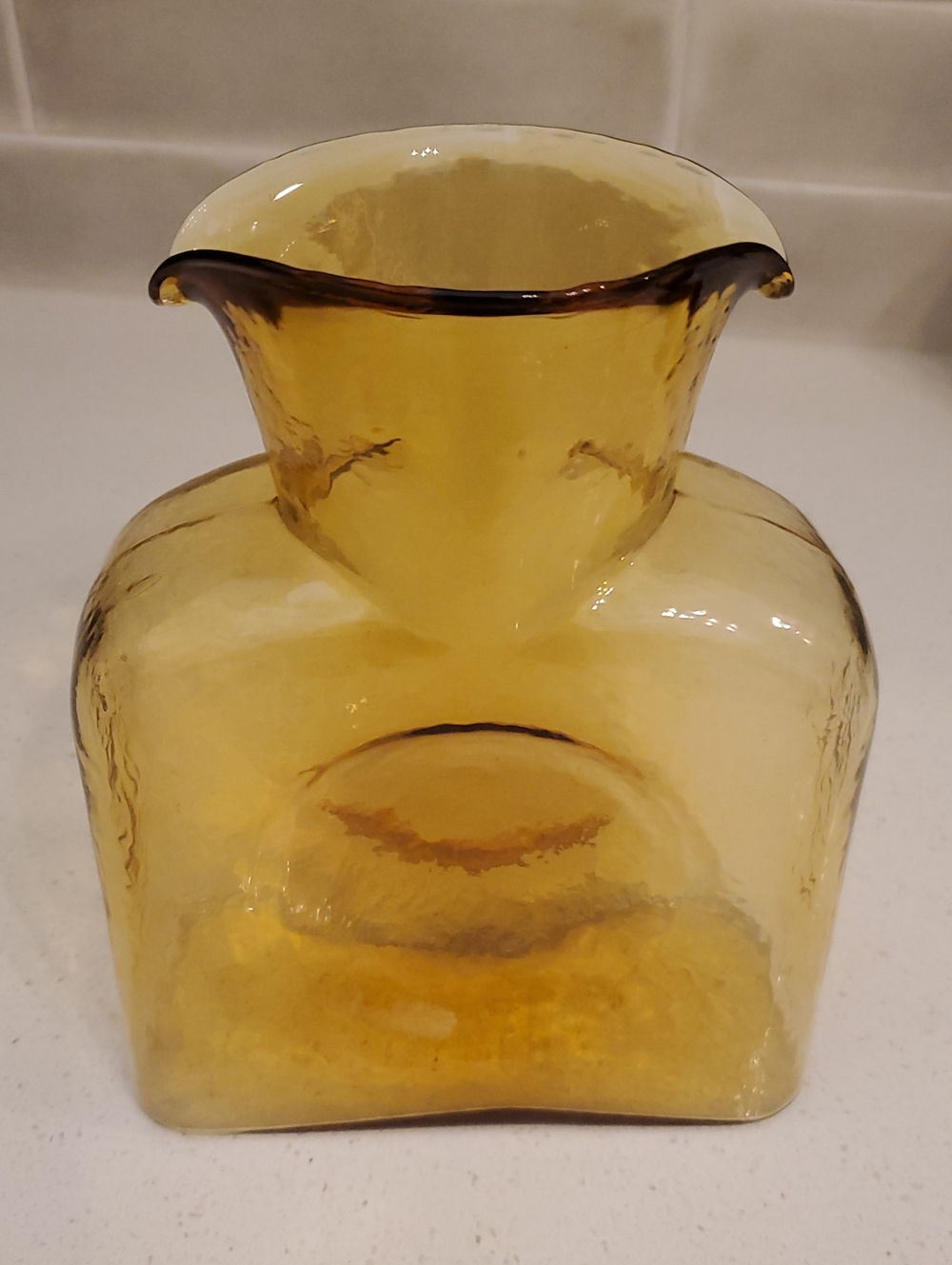 Blenko Double Sided Spout Water Bottle Pitcher Vase Amber Glass
